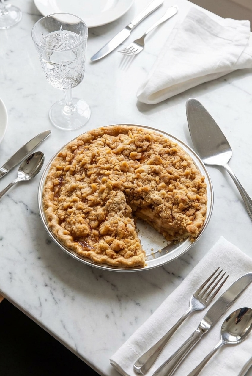 A warm bowl of fruit crisp generously covered with brown butter crumble topping ready for serving on a kitchen counter