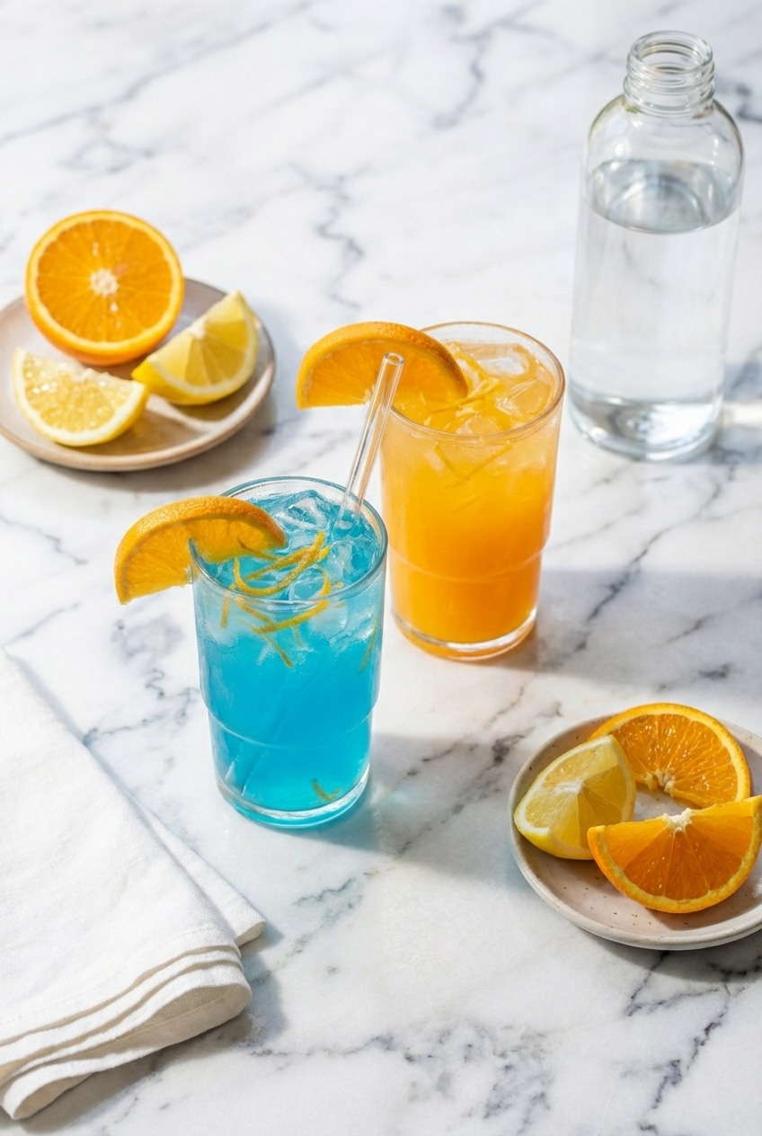 Pouring homemade gatorade into a glass to show the smooth texture and vibrant blue spirulina color.