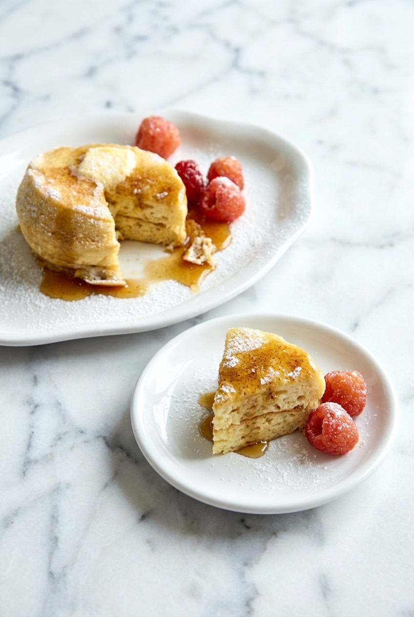 A fresh plate of Japanese Soufflé Pancakes topped with syrup, ready for a comforting morning meal.