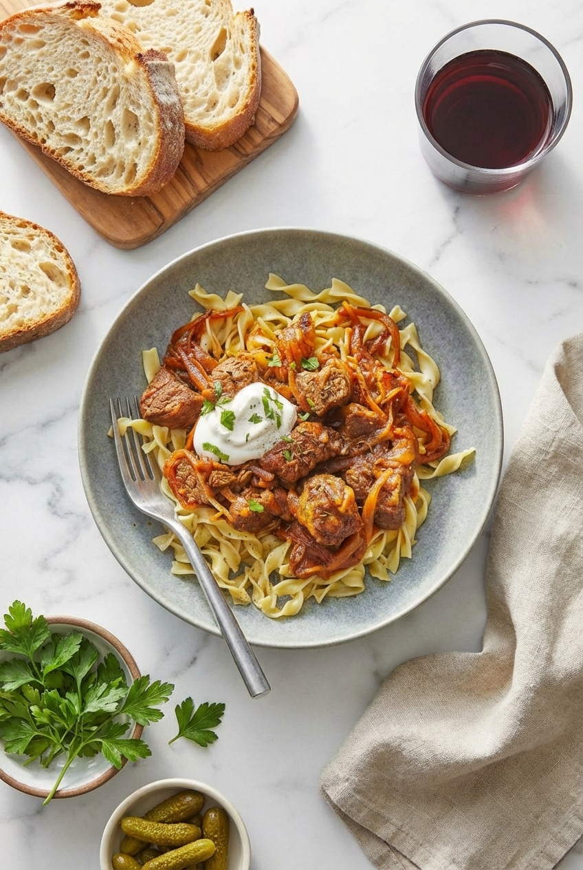 A steaming bowl of Hungarian Goulash garnished with fresh herbs and a dollop of sour cream.