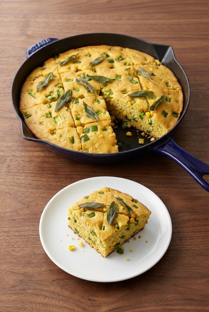 Serving of jalapeño cornbread on a rustic table with a side of sweet honey butter.