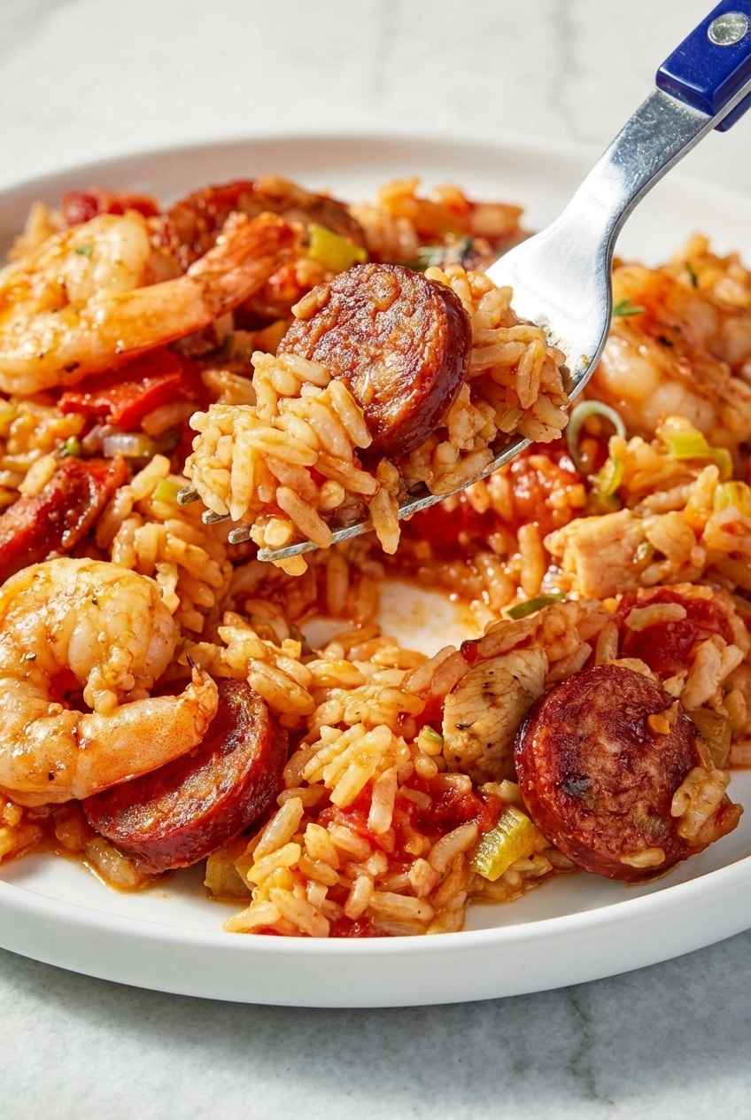 Close-up of a finished jambalaya recipe served in a rustic bowl on a wooden dining table.