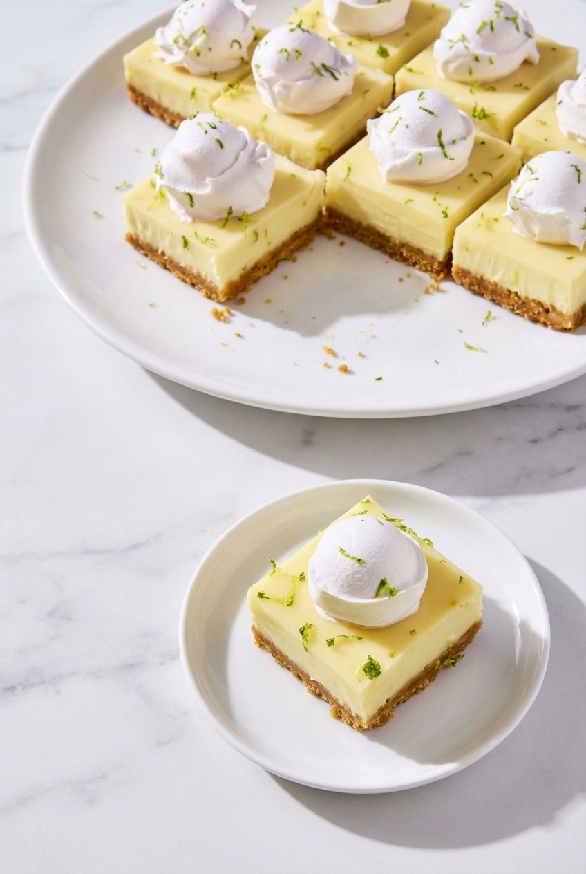 Key lime pie bars arranged on parchment paper with a dusting of confectioners' sugar.