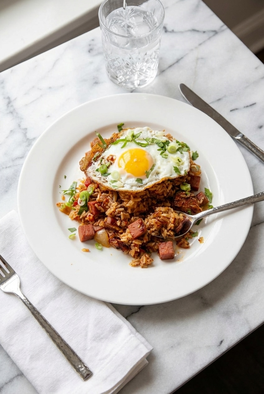 Kimchi fried rice served in a bowl with green onions, ready for a cozy weeknight dinner.