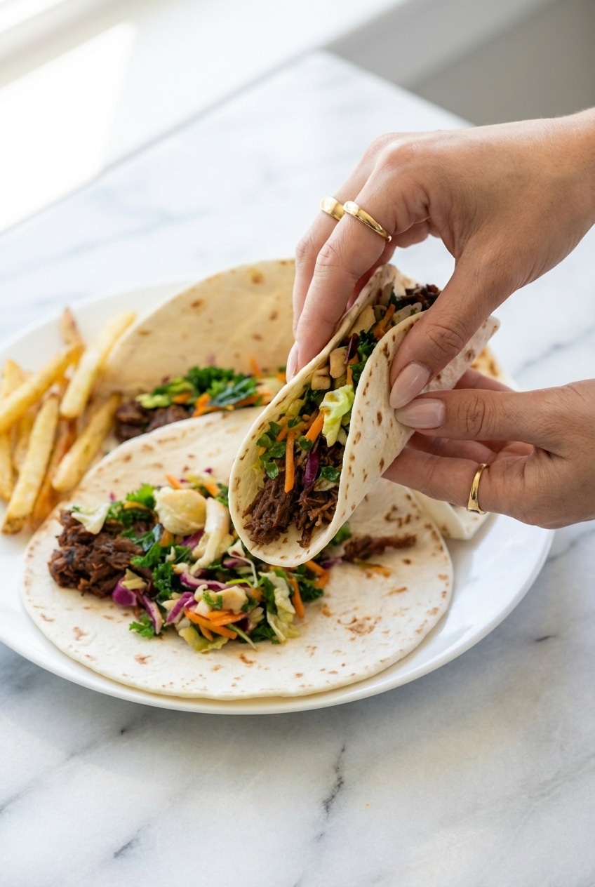 A platter of korean beef tacos served with lime wedges and cilantro for a casual dinner.
