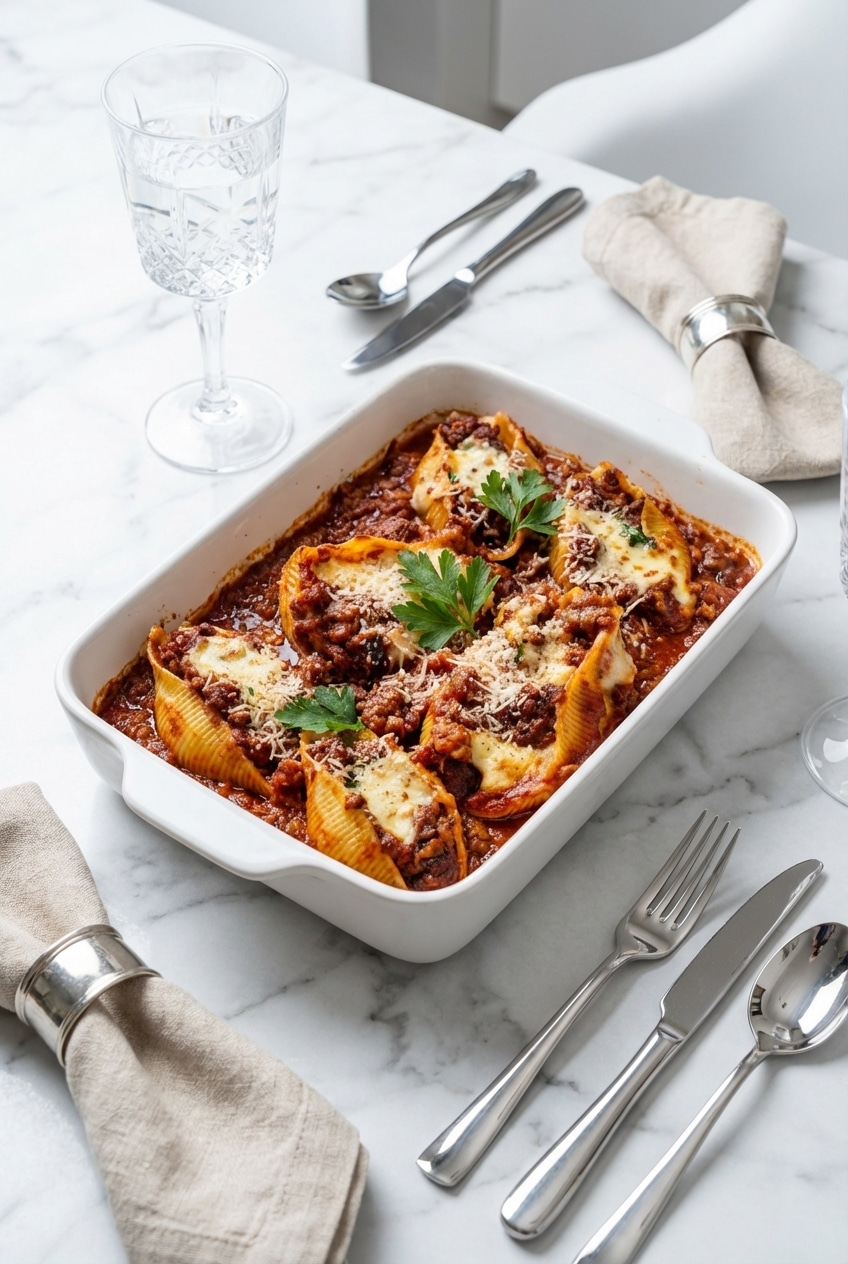 A serving of cheesy lasagna stuffed shells on a dinner plate, showcasing the melty mozzarella topping.