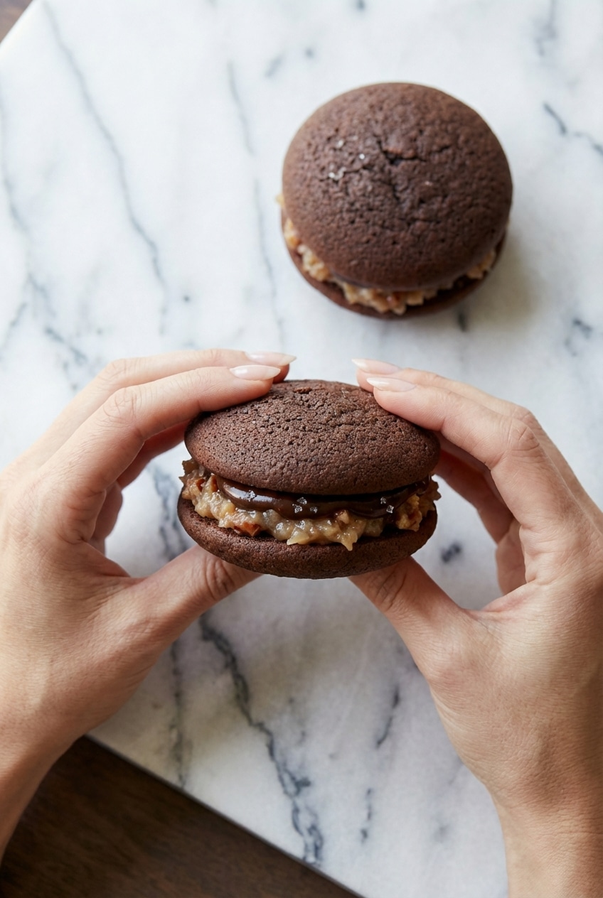 A stack of german chocolate whoopie pies showing the creamy custard and dark ganache layers.