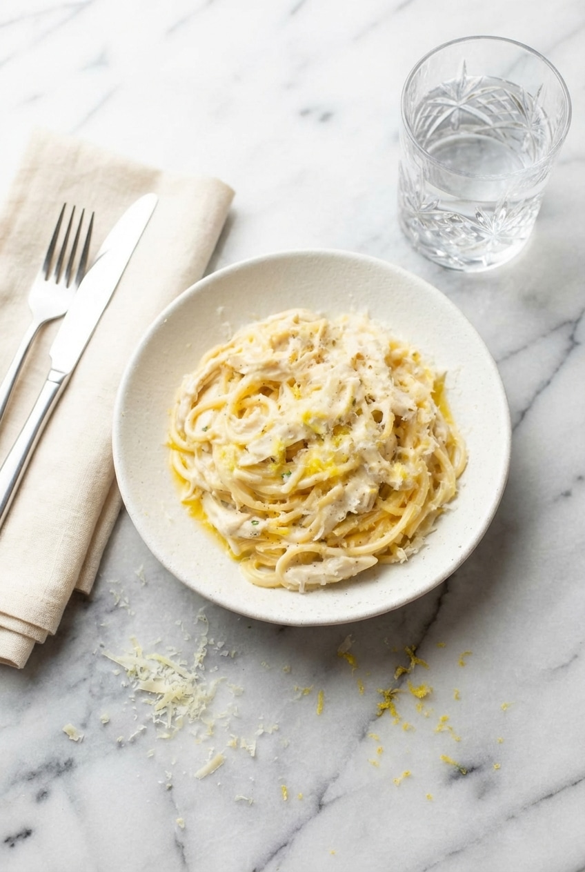 A serving bowl filled with Lemon Chicken Pasta garnished with extra parmesan cheese on a dinner table.
