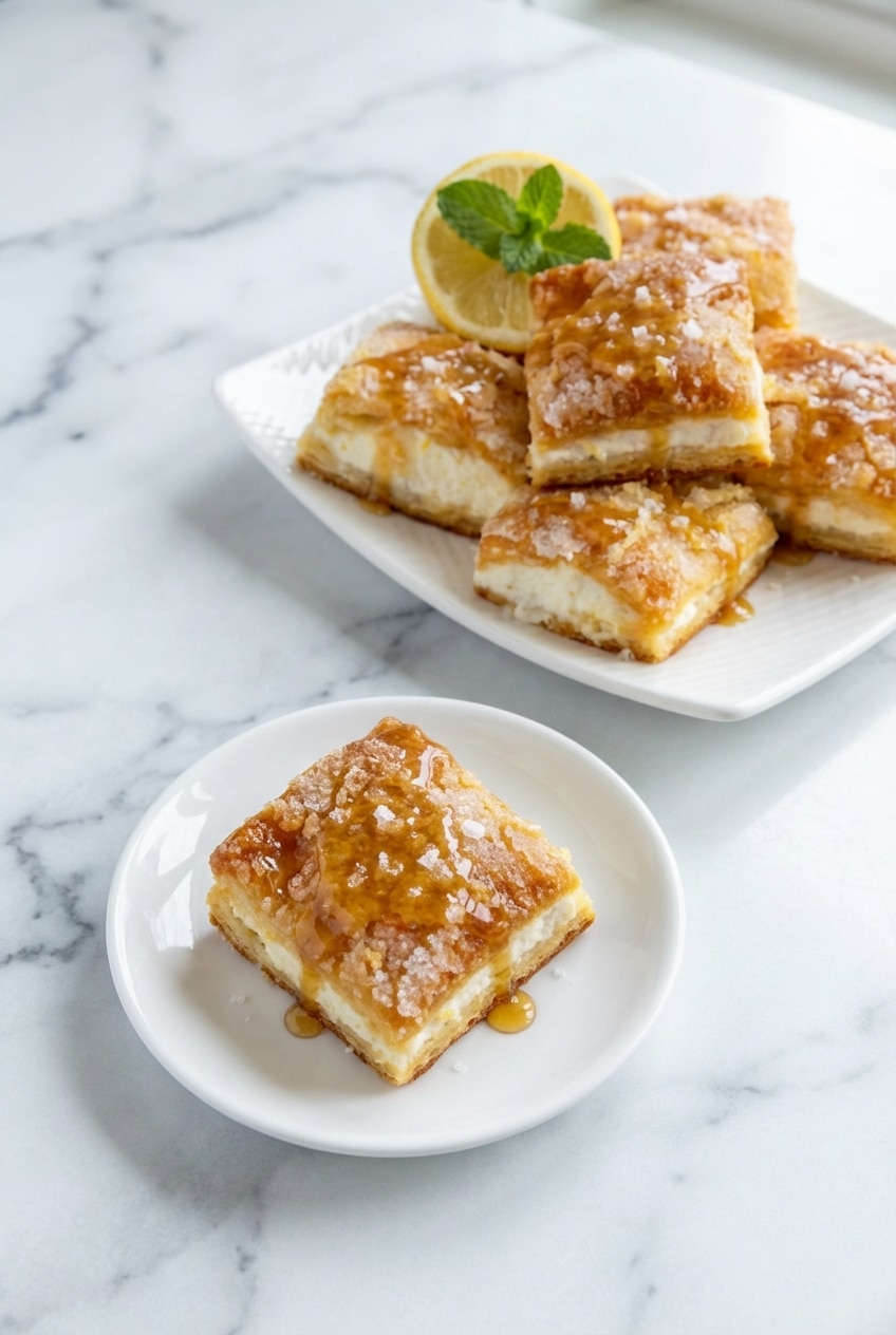 A single lemon cream cheese bar lifted from a baking dish lined with parchment paper.