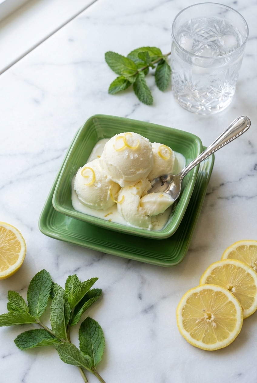 A serving of lemon gelato recipe in a glass dish on a bistro table with a fresh lemon garnish.