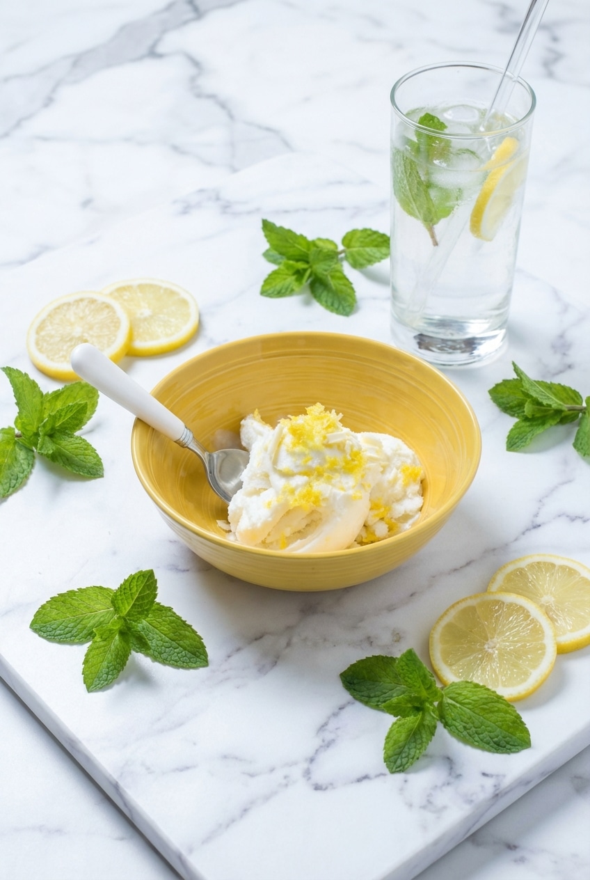 Lemon ice cream served in a glass bowl on a bright table, ready for a summer dessert.