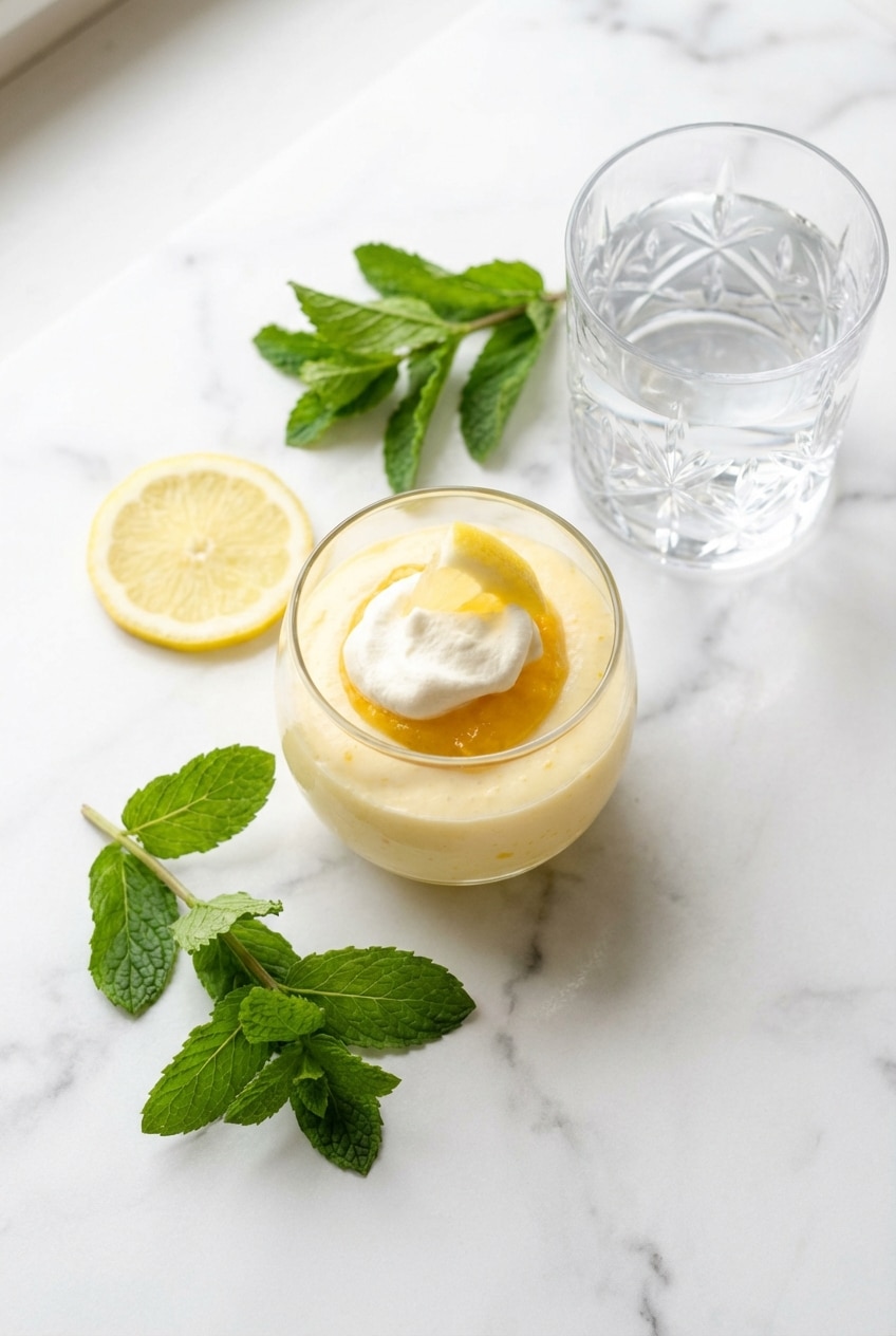 Chilled lemon mousse served in glass ramekins on a bright, sunny table setting.