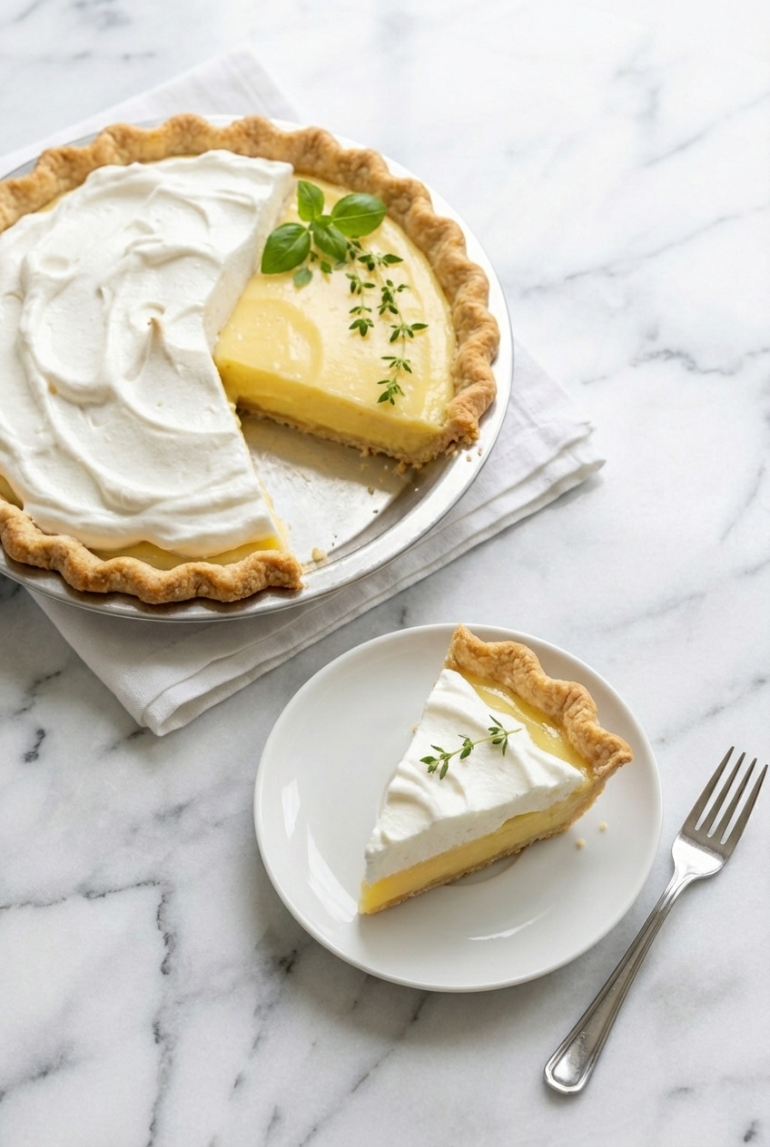 A whole lemon sour cream pie on a cooling rack featuring a blind baked crust and fresh lemon garnish.