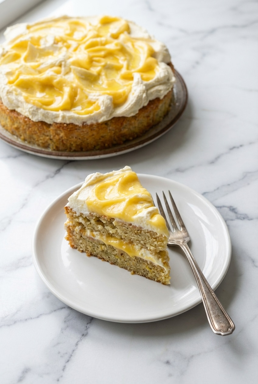 A slice of limoncello mascarpone cake served on a decorative plate ready for a spring dessert.