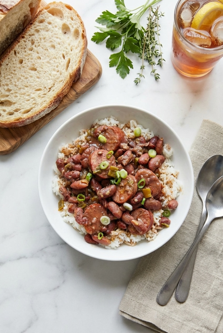 A family-style serving of Louisiana red beans and rice recipe in a Dutch Oven, garnished and ready for the table.
