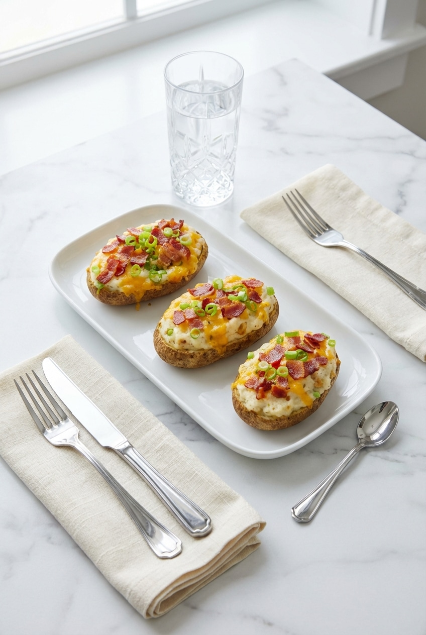 Twice baked potatoes garnished with green onions and bacon bits, ready for serving as a make-ahead meal.