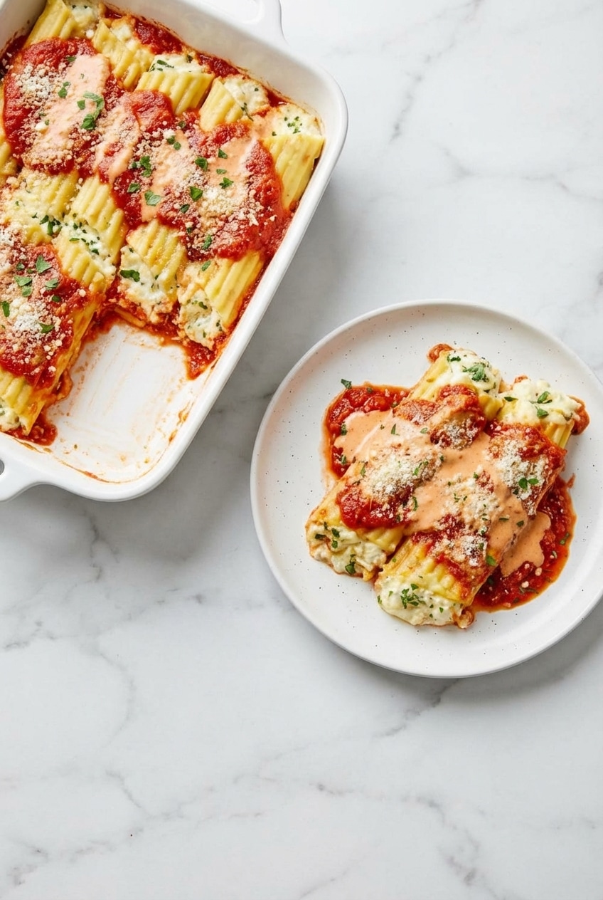 A single serving of the cheesy Manicotti Recipe plated and garnished with fresh parmesan.