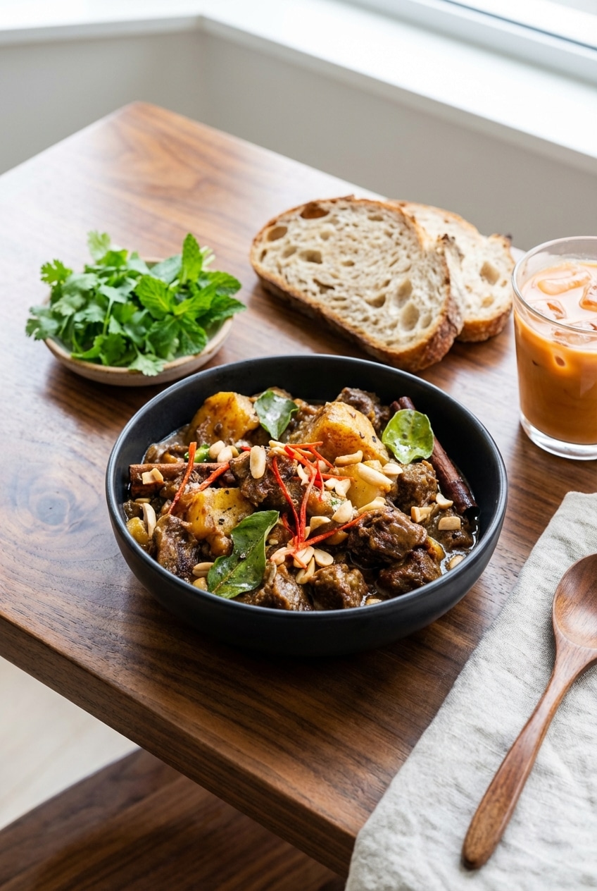 A prepared bowl of massaman curry recipe served in a ceramic dish, ready for a cozy dinner.