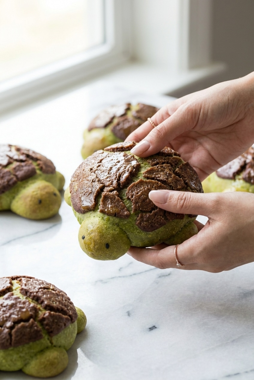 A plate of Matcha Milk Bread Turtles served alongside tea, showcasing their whimsical turtle shapes.