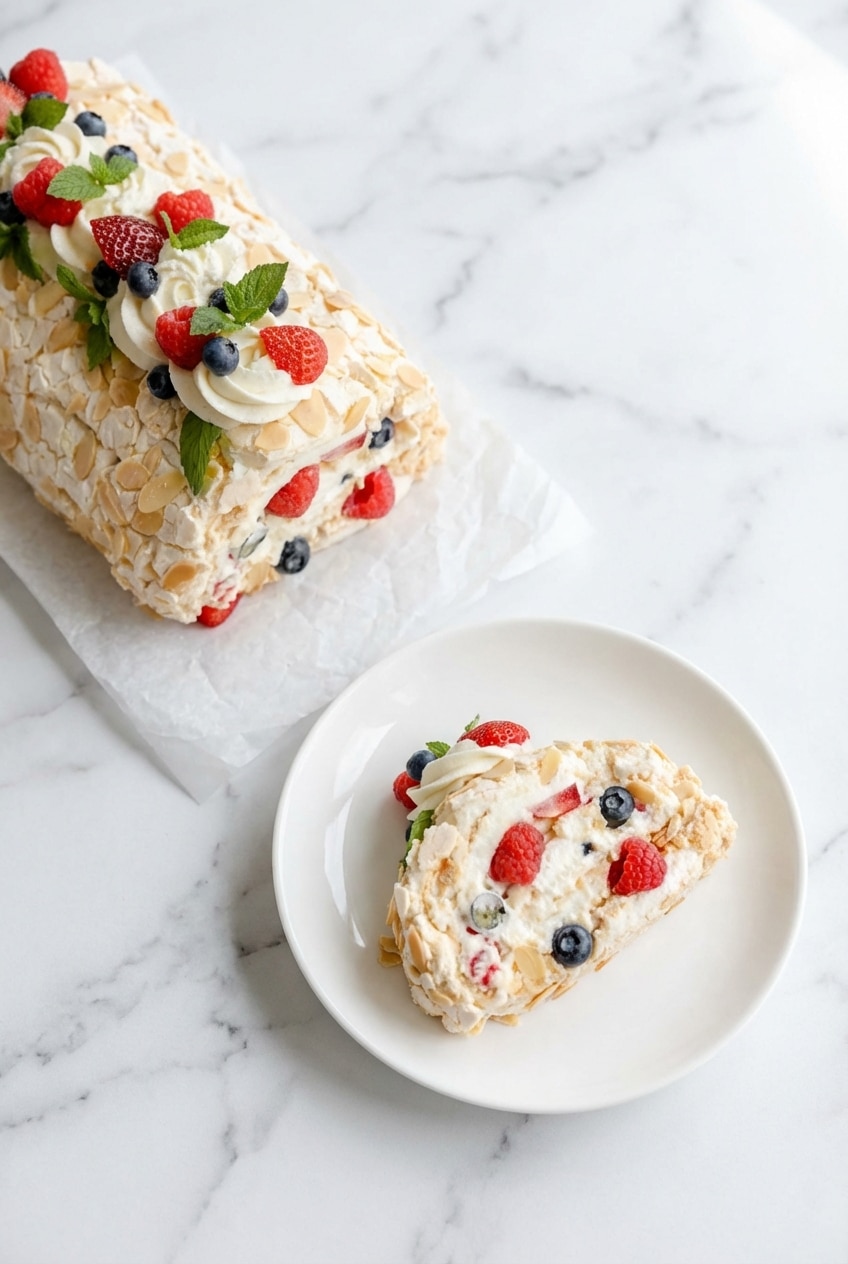 Slices of meringue roulade plated with extra whipped cream, ready for serving as a light gluten-free dessert.