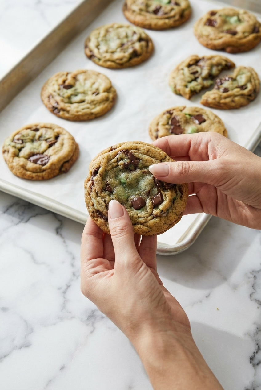 A stack of mint chocolate chip cookies served on a plate, ready for a cozy holiday or afternoon treat.