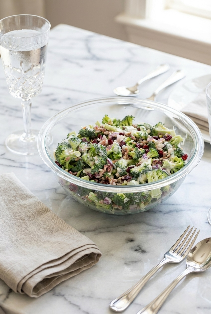 A bowl of broccoli salad ready to serve as a potluck side dish at a bright outdoor table.