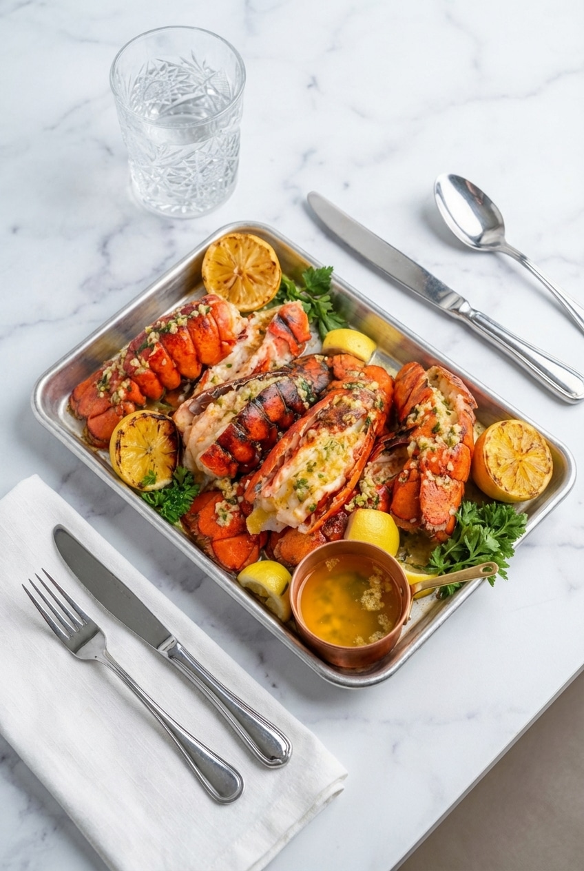 Finished lobster tail recipe served on a modern plate with lemon wedges and a side of clarified butter.