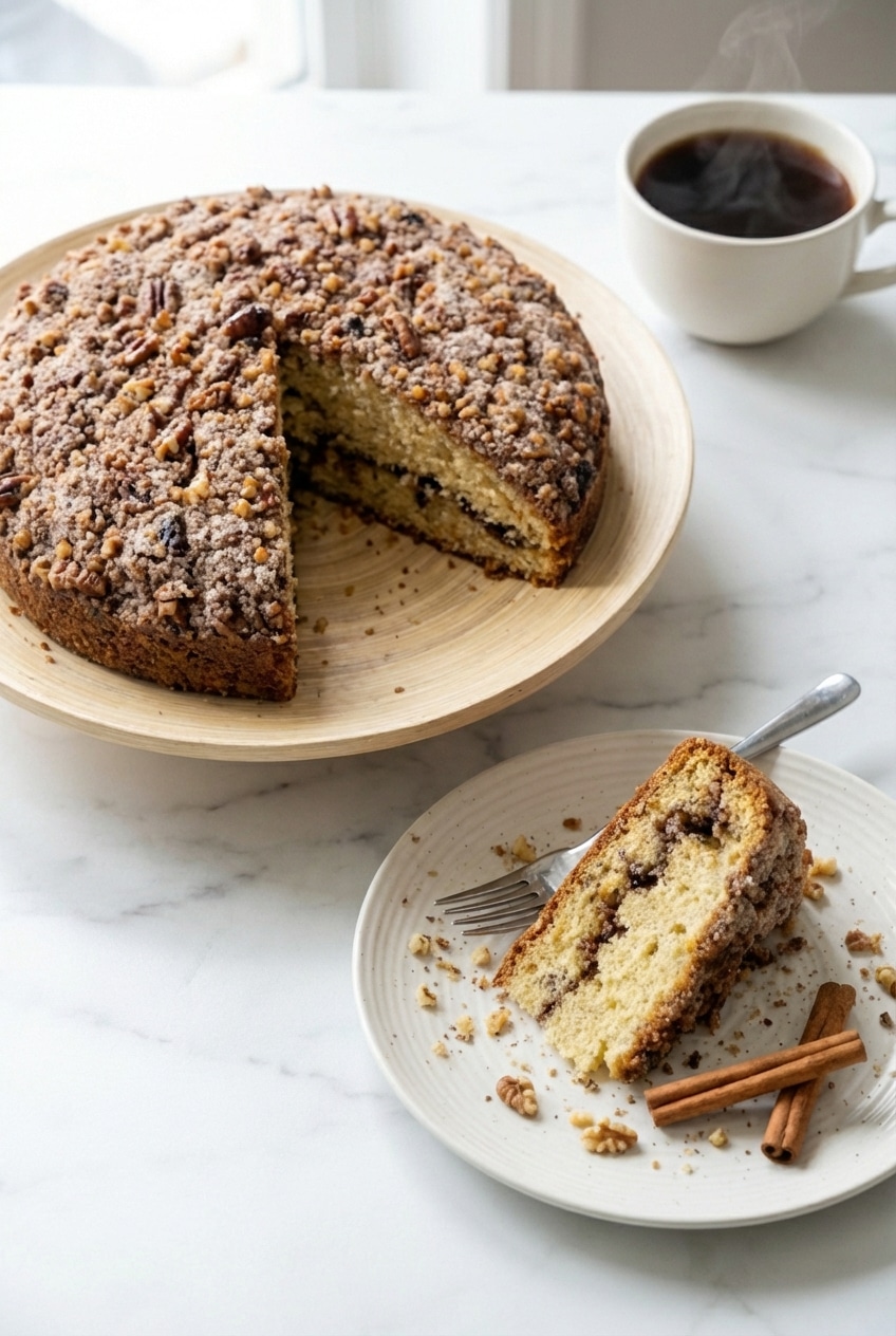 Slices of mom's sour cream coffee cake arranged on a serving plate beside a steaming cup of coffee.