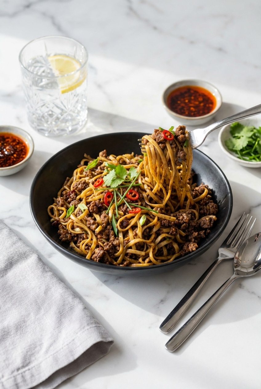 A single serving of mongolian ground beef noodles in a bowl ready for a weeknight dinner.