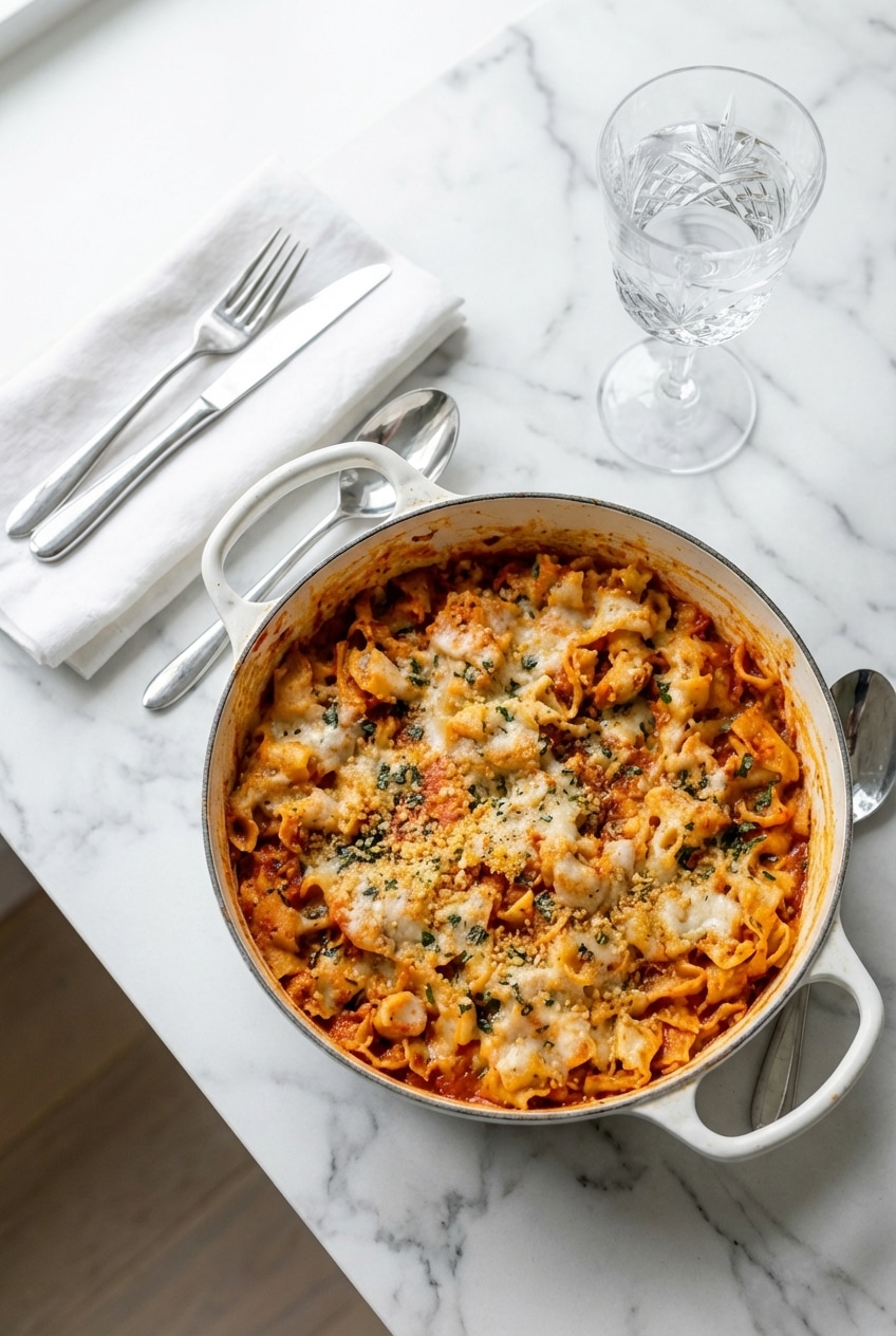 One pot chicken parmesan pasta served with al dente noodles and a bright tomato sauce.