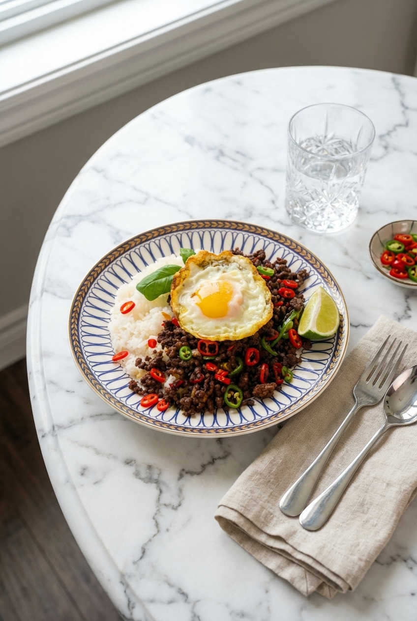 A plated pad kra pao recipe served with hot rice, a crispy Kai Dao egg, and a small bowl of Prik Nam Pla.