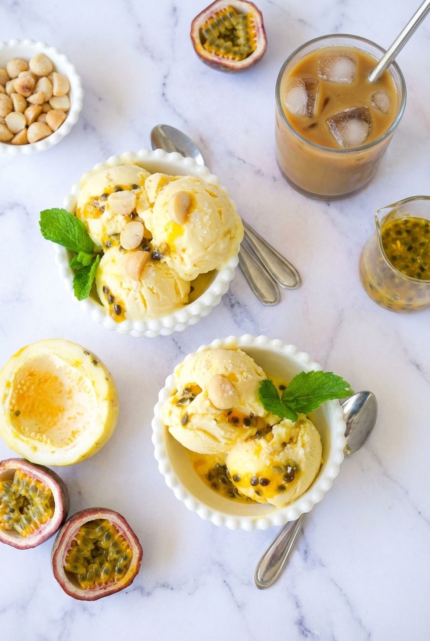 A freezer-safe container filled with freshly scooped Passion Fruit Ice Cream set on a beautifully styled outdoor dining table.