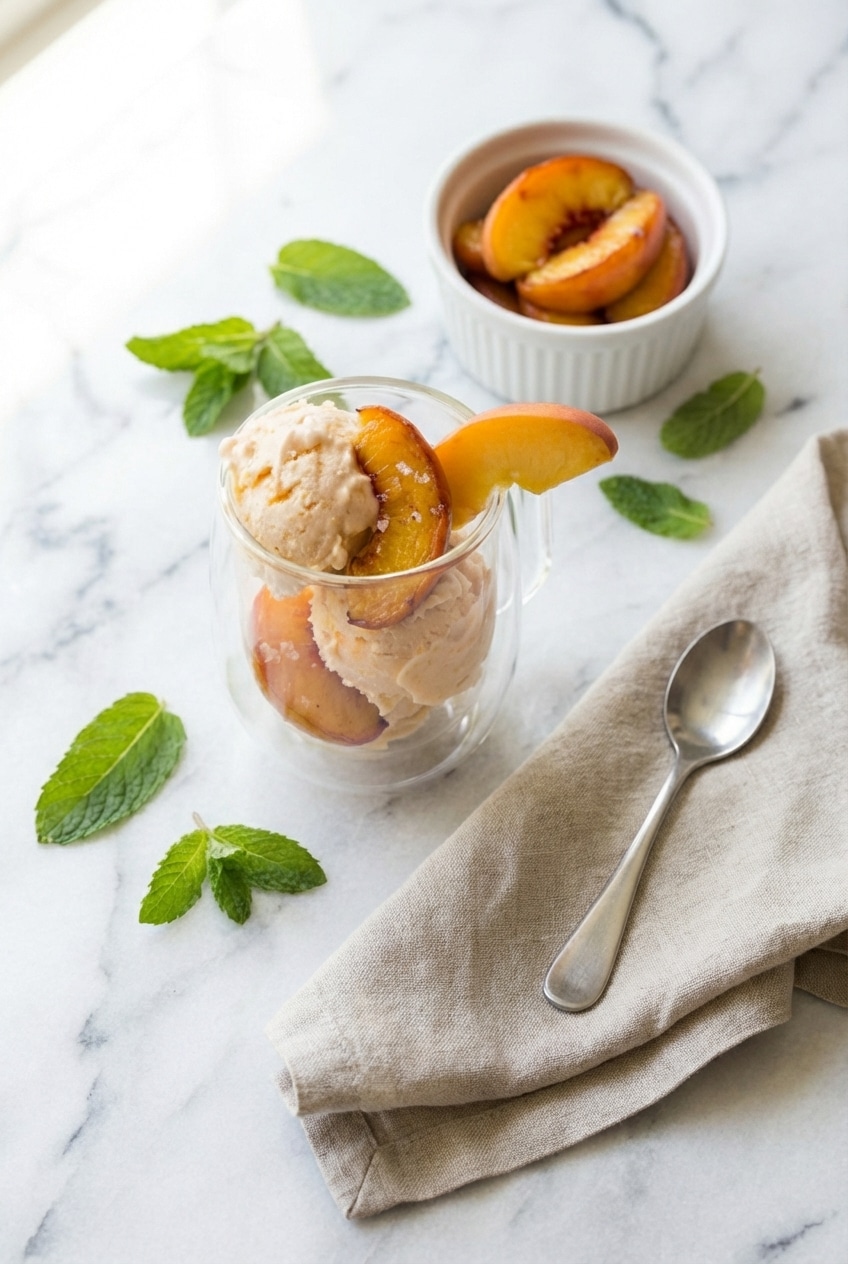 Peach frozen yogurt in a storage container garnished with fresh fruit on a rustic summer table.