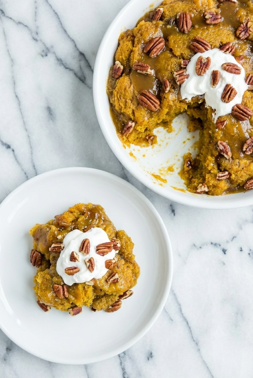 A single serving of pecan cobbler in a white bowl, ready for a scoop of vanilla ice cream.