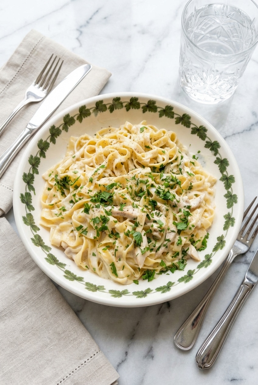 Served chicken fettuccine alfredo in a bowl topped with pecorino romano and cracked black pepper.