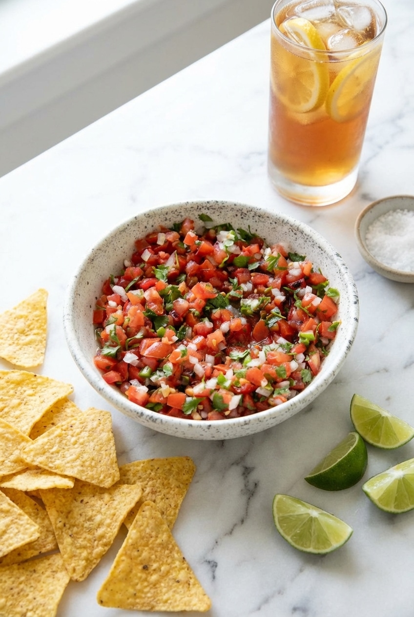 Pico de Gallo recipe served as a taco topping alongside salty tortilla chips on a festive table.