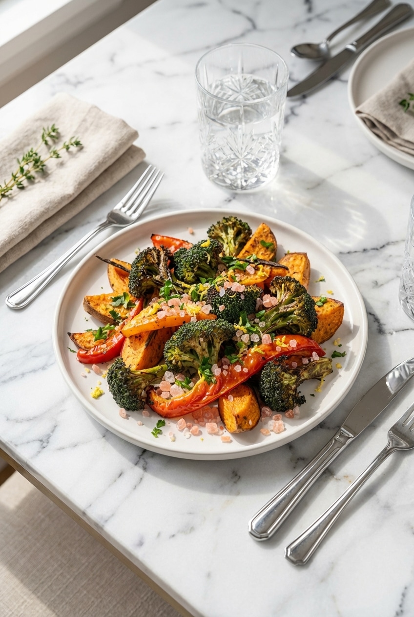 A warm bowl of pink salt roasted vegetables ready for serving on a family table.