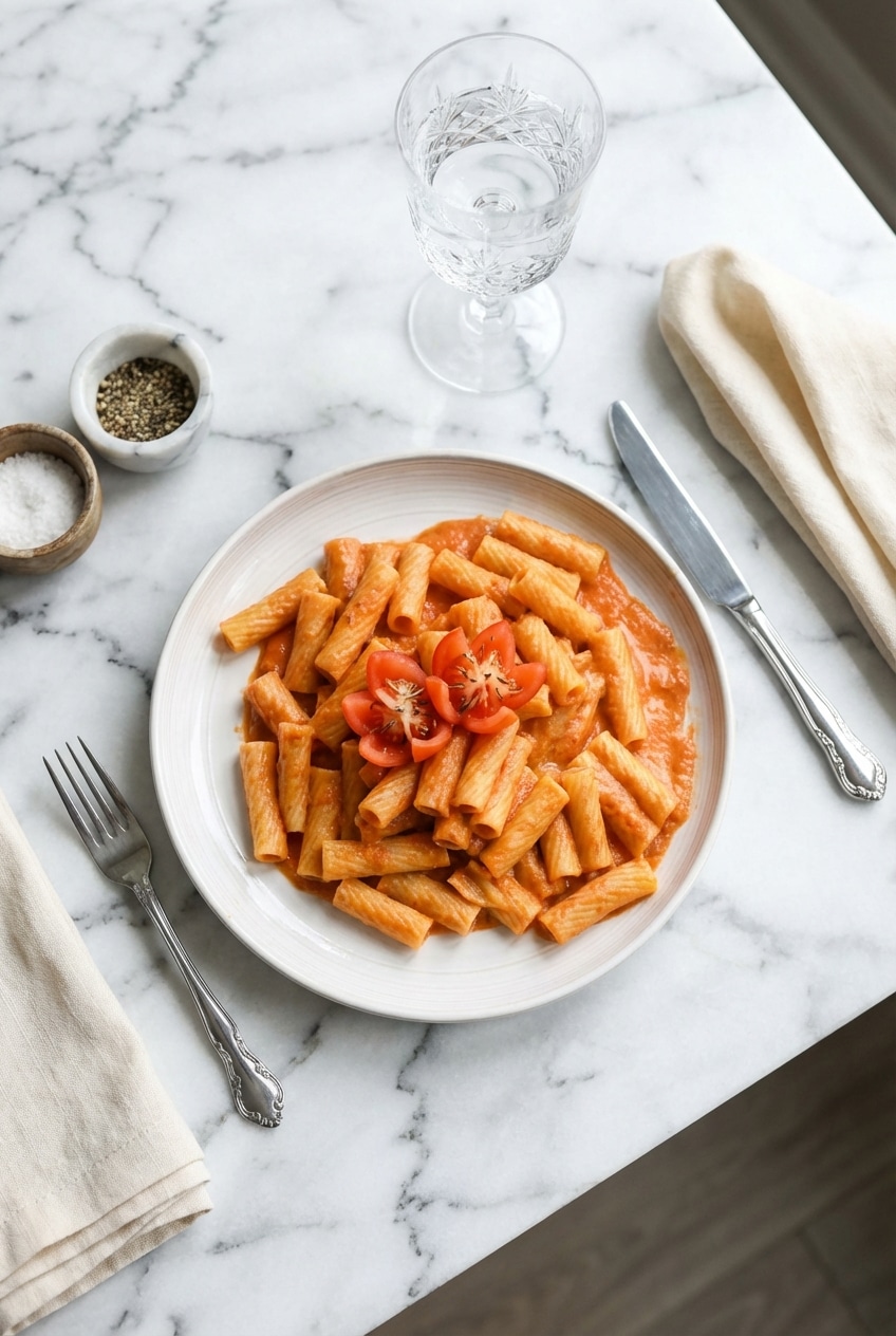 Bowl of hot Pink Sauce Pasta garnished with fresh Parmigiano Reggiano ready for serving.