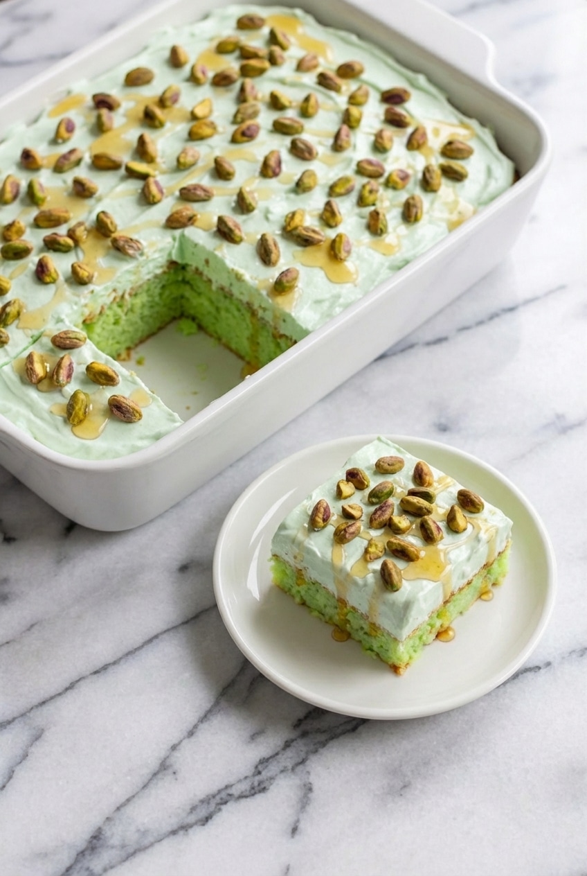 Pistachio Pineapple Paradise Cake in a 9x13 baking pan with maraschino cherries on top.
