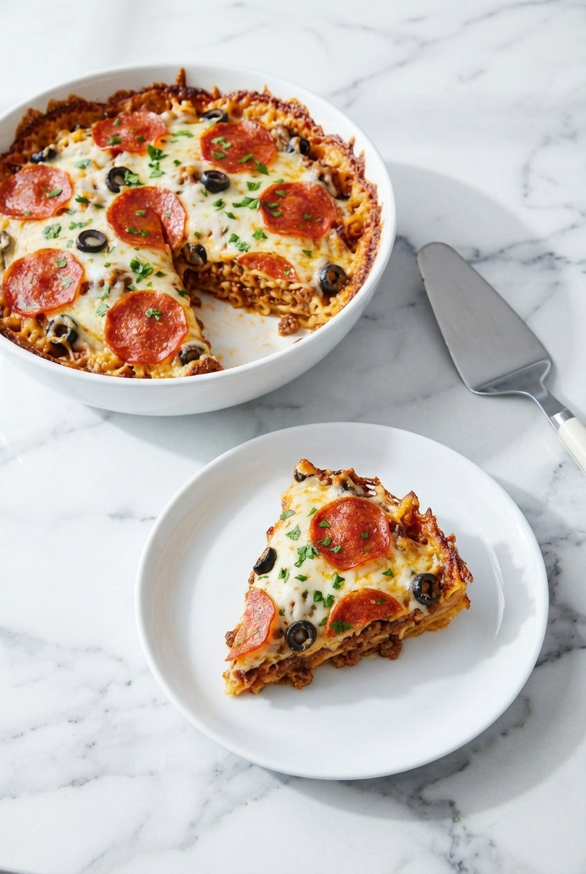 Serving a warm scoop of pizza casserole onto a plate for a quick and easy family dinner.