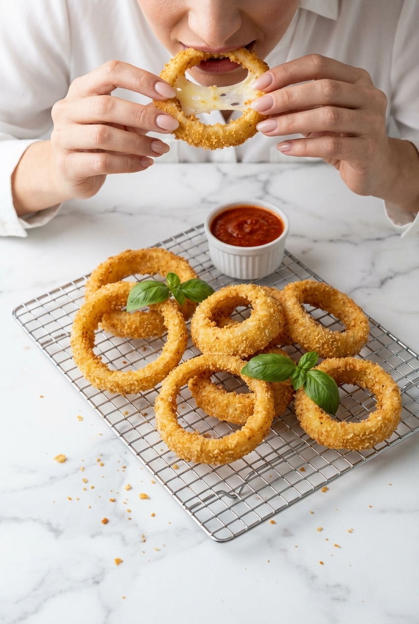 A basket of crispy mozzarella stick onion rings served with marinara sauce for game day snacking.