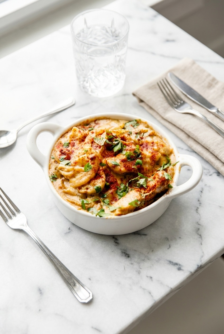 Pollo fundido recipe served in a cast iron skillet with fresh pico de gallo on a dinner table.