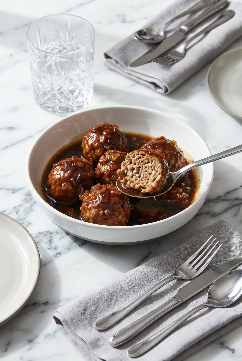 Porcupine meatballs plated in a shallow bowl with fresh herbs, ready to be served for a cozy dinner
