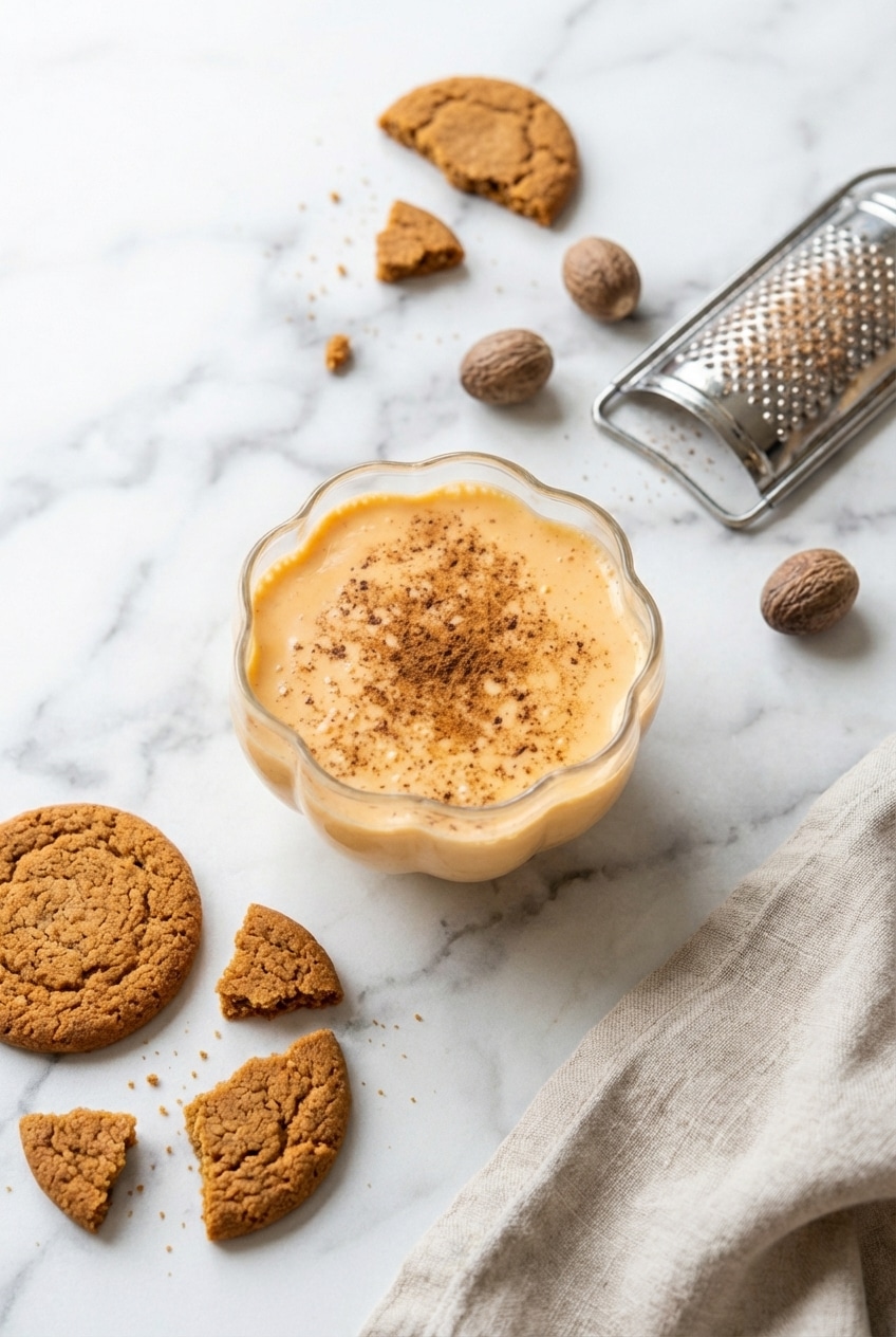 Pitcher of chilled Pumpkin Eggnog set on a holiday table ready for serving