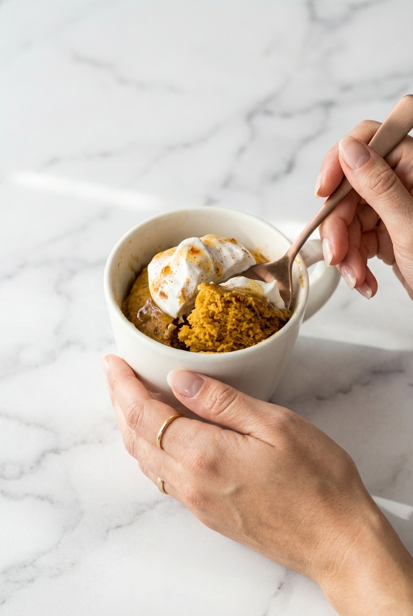 A finished pumpkin mug cake served on a cozy autumn-themed table with a spoonful of whipped cream.