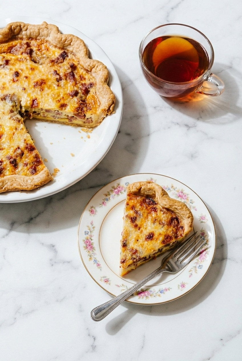 Slices of the finished Quiche Lorraine Recipe served on a plate with a side salad for a light, elegant meal.