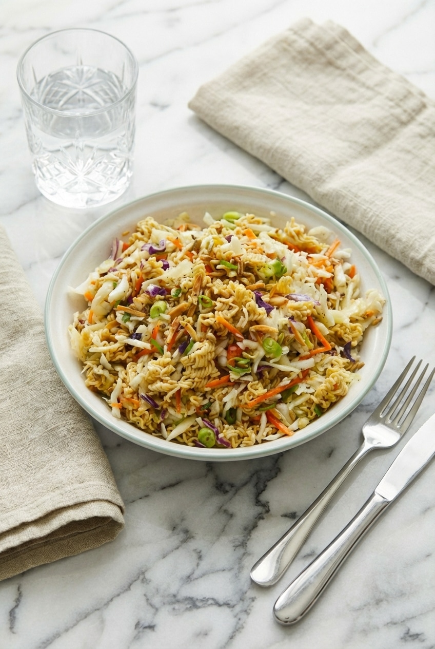 Ramen noodle salad served in a large bowl with bright mandarin oranges, ready for a casual lunch.