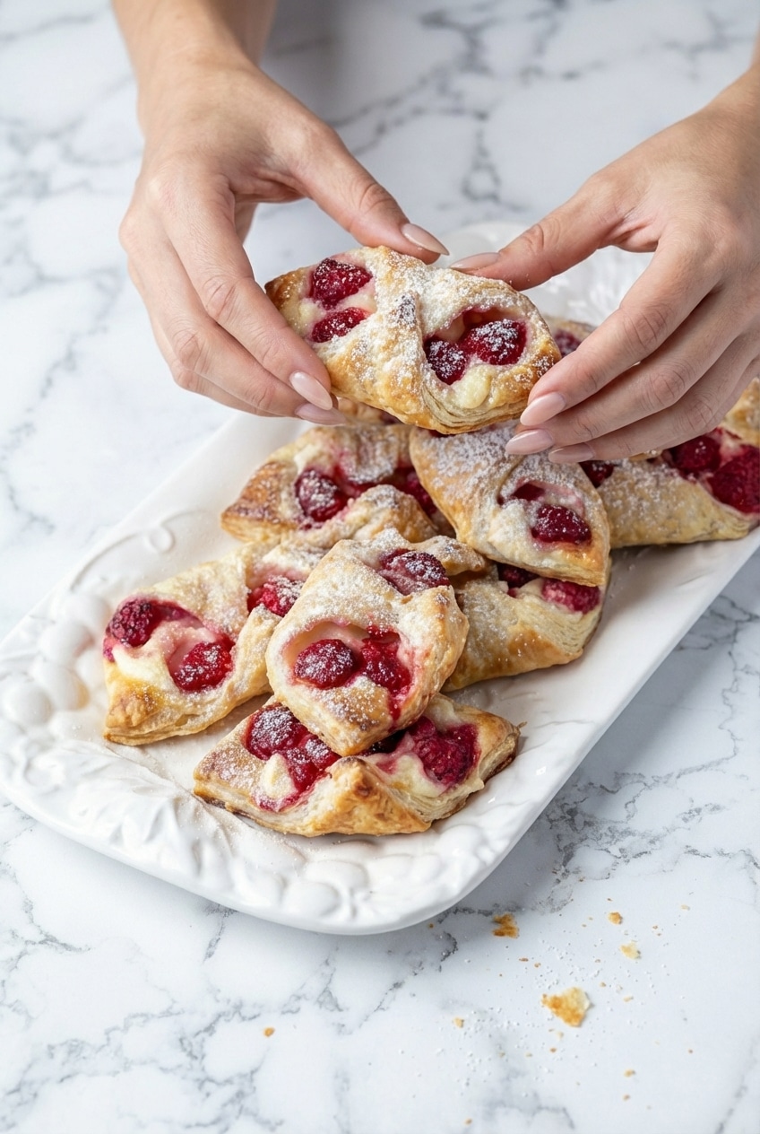 A plated Raspberry Cheese Danish ready to serve, highlighting the crispy fork-crimped edges and berry center.