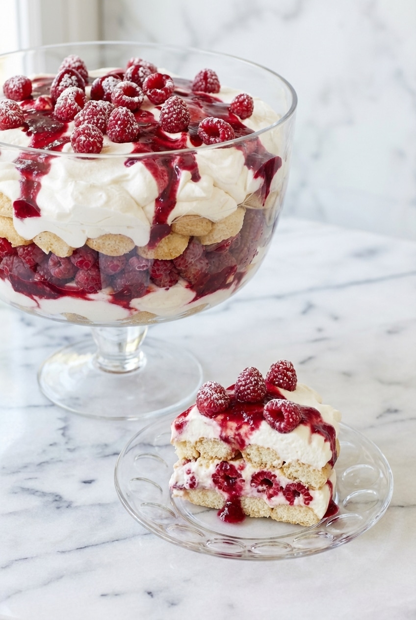 A single serving of raspberry tiramisu on a dessert plate garnished with fresh fruit.