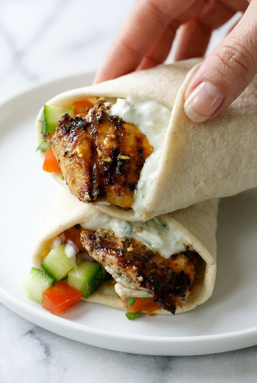 Sliced chicken gyros served on a platter with creamy Tzatziki and charred flatbread slices.